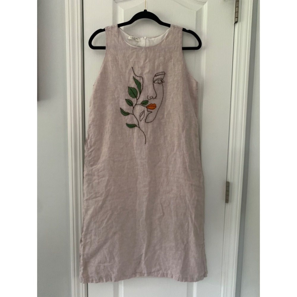 Linen Embroidered Face Shift Dress Pink Sleeveless‎ Midi Art Line Drawing Pocket